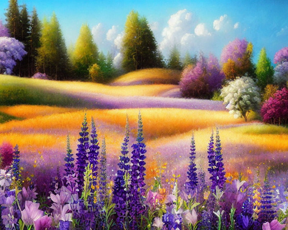 Colorful meadow painting with flowers, golden hills, and lush trees