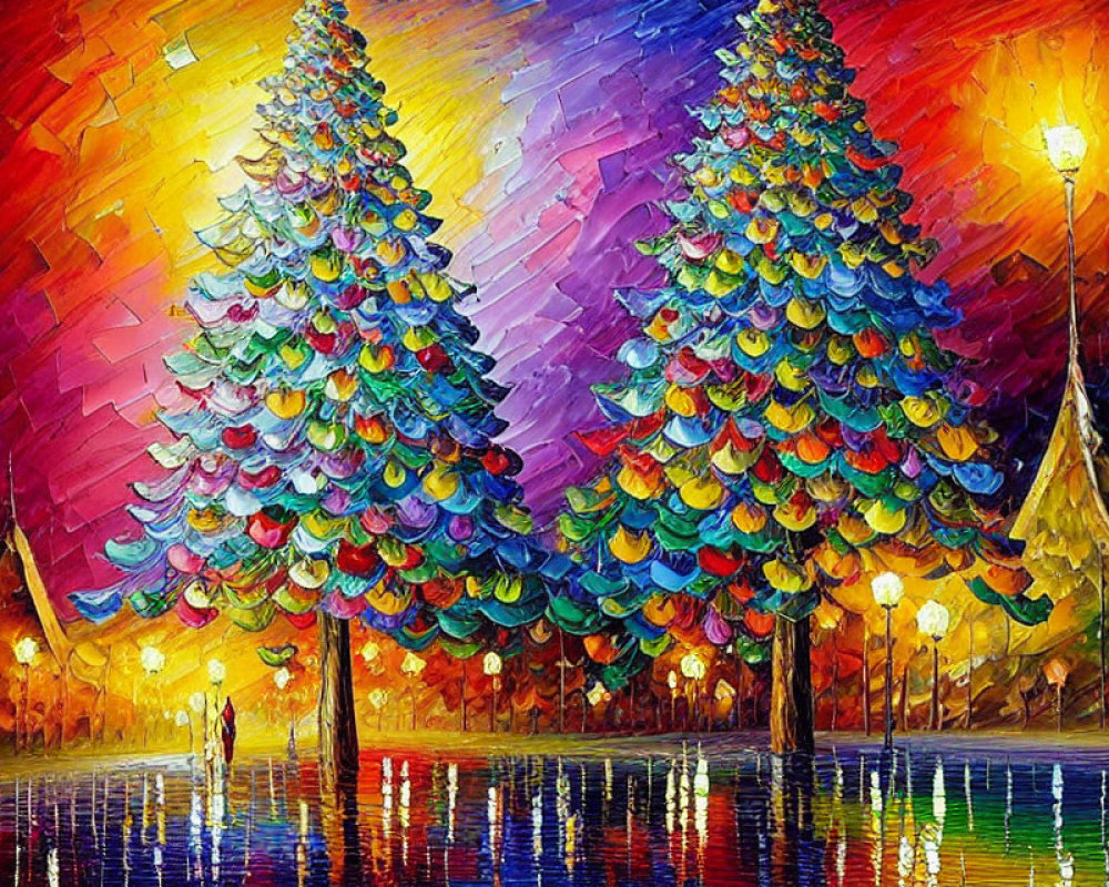 Colorful Trees Painting with Dynamic Brushstrokes and Walking Figure