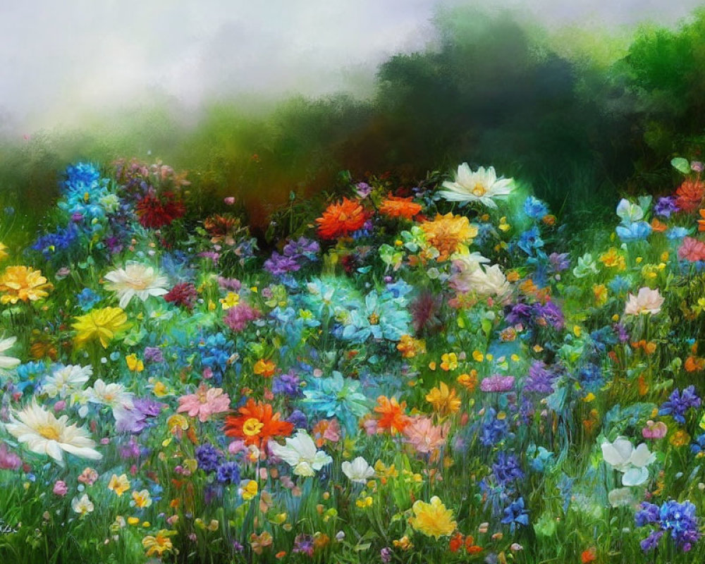 Colorful Flower Field Painting with Misty Greenery Under Soft Light