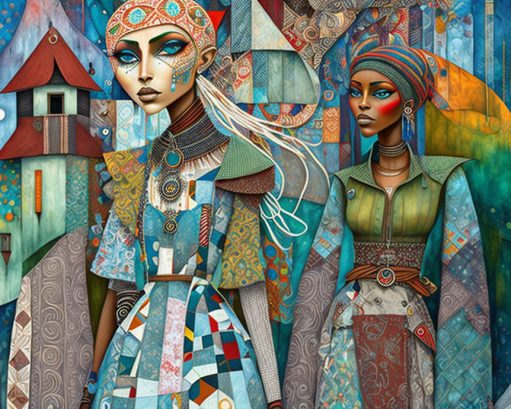 Stylized ornate female figures in colorful attire with geometric backdrop.