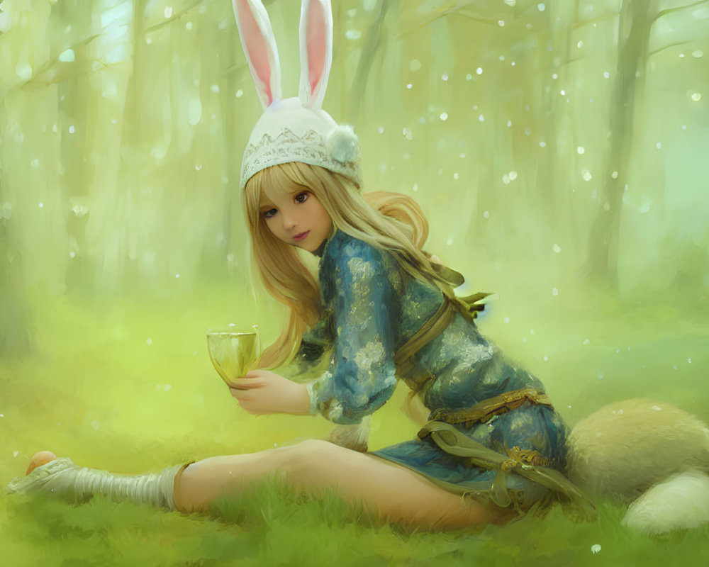 Whimsical artwork of girl with rabbit ears in sunlit forest