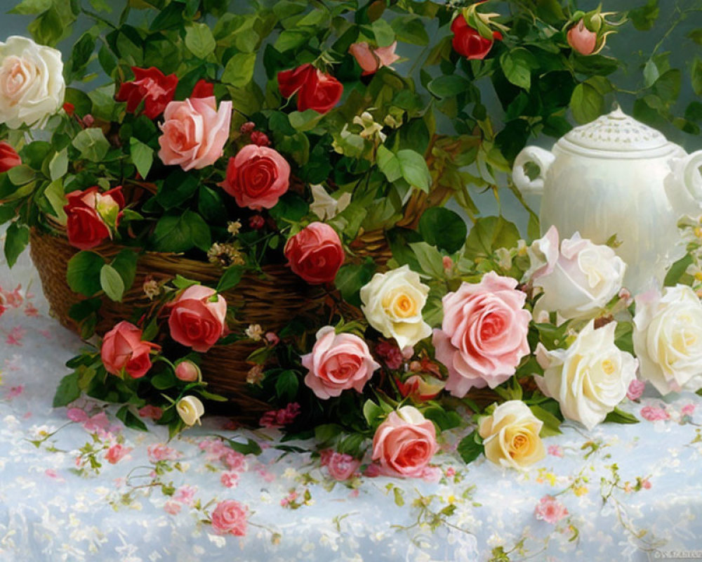 Wicker basket with pink and white roses and teapot in still life painting