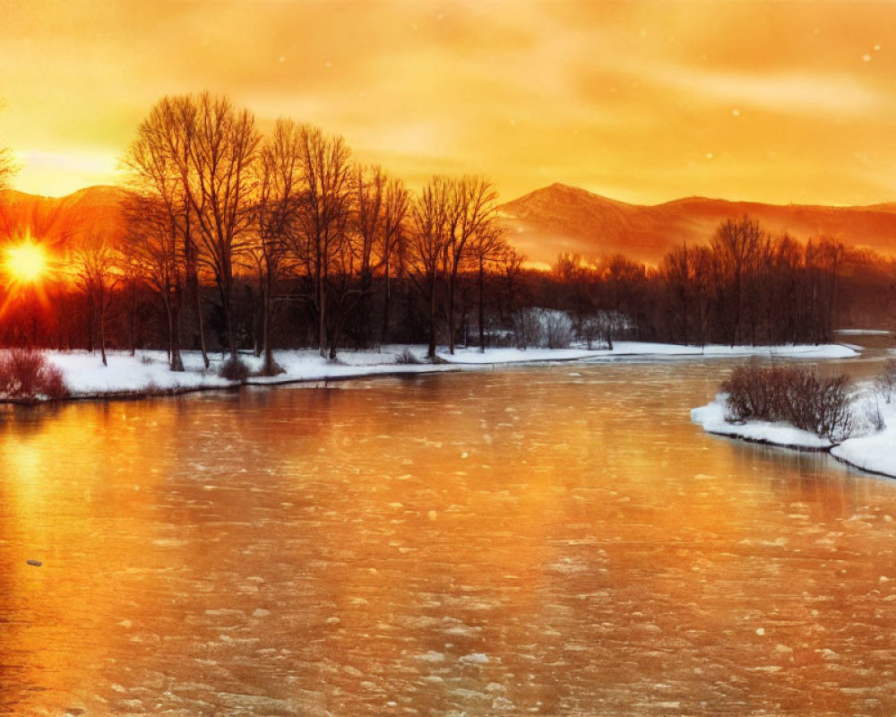 Winter Sunset: Golden Sky, Frozen River, Snowy Banks & Leafless Trees