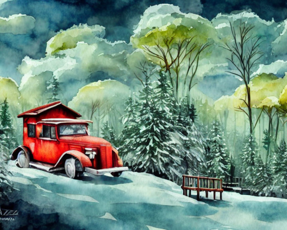 Vintage Red Truck Watercolor Painting on Snowy Road with Trees and Cloudy Sky