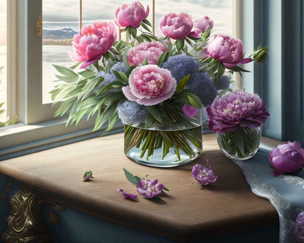 Pink and Purple Flowers in Glass Vase on Wooden Window Sill with Water and Mountain View