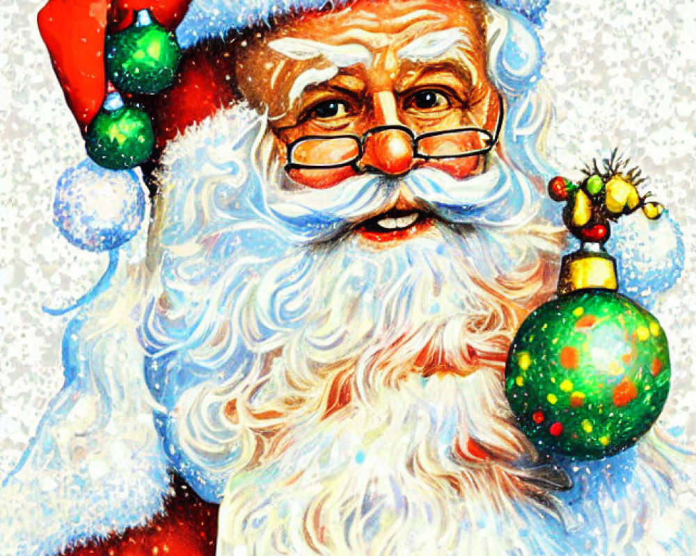 Santa Claus Illustration: Red Hat, White Beard, Glasses, Holding Green Ornament, Snowy