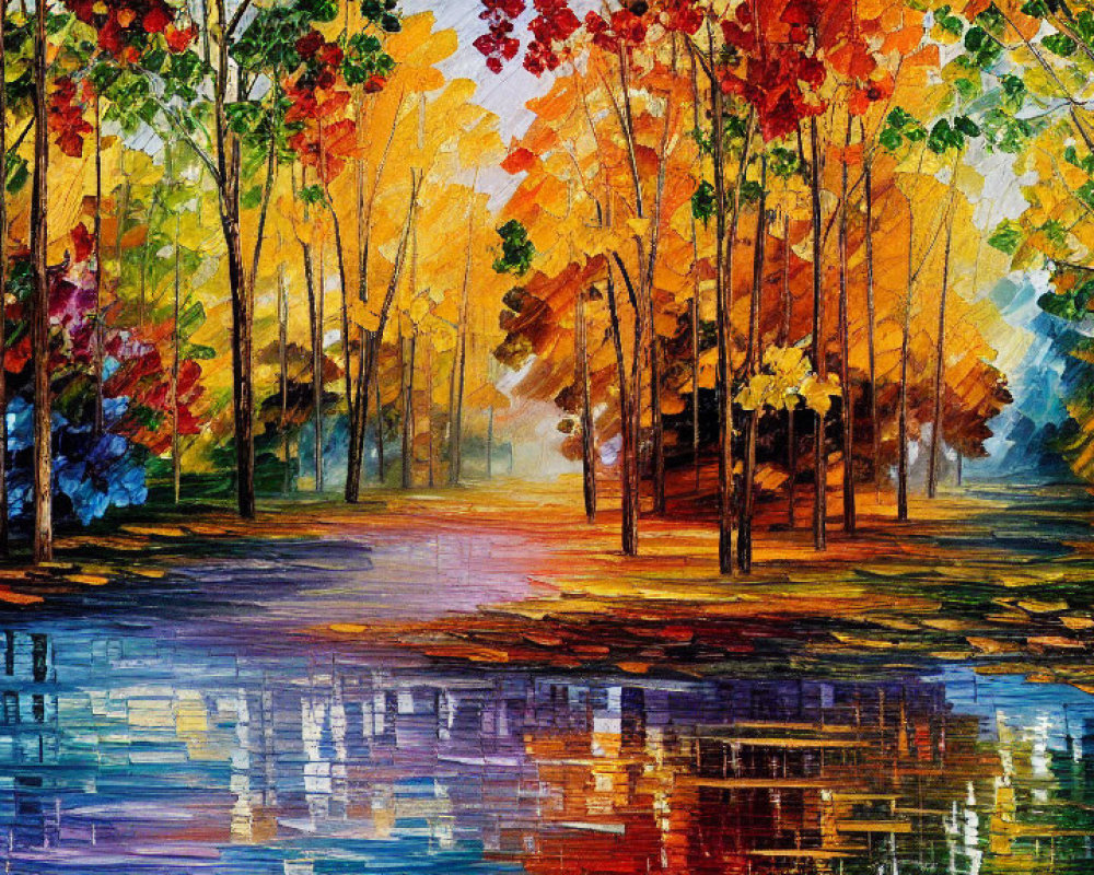 Colorful Autumn Park Oil Painting with Trees and Water Reflections