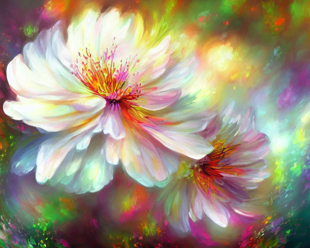 Colorful digital painting: Blooming flowers on vibrant background