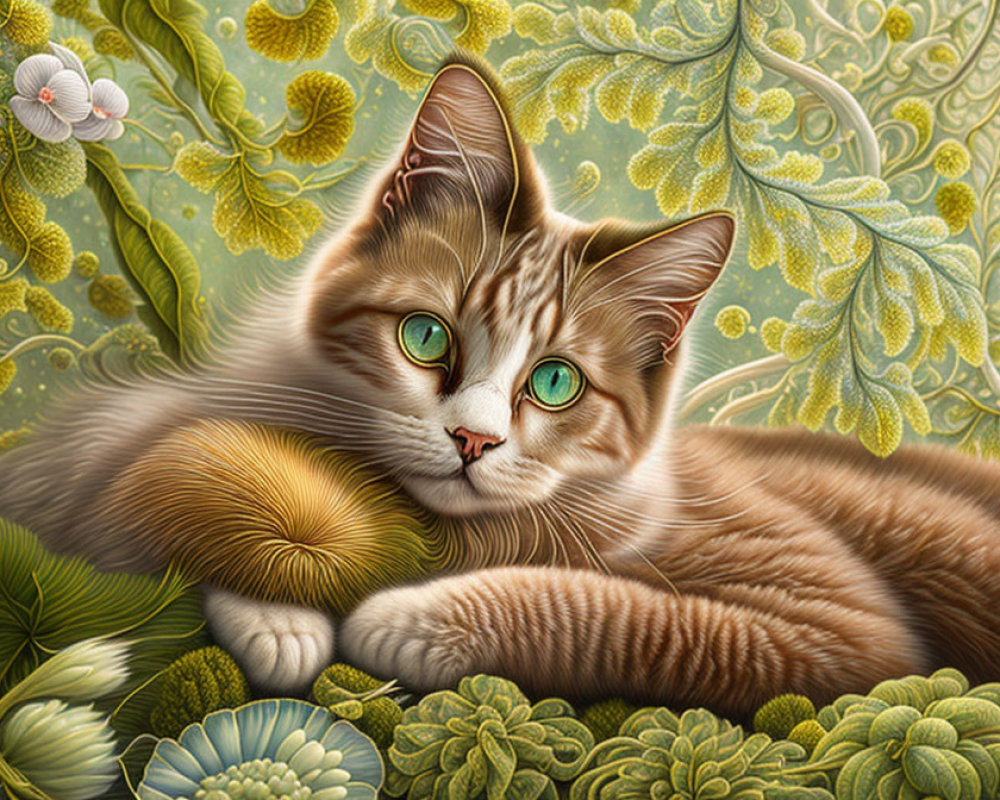 Orange Tabby Cat Among Green Foliage and White Flowers Illustration