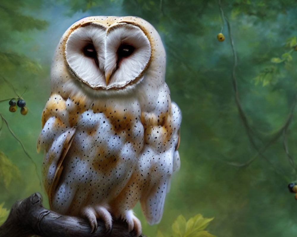 Barn owl perched on branch in serene forest landscape