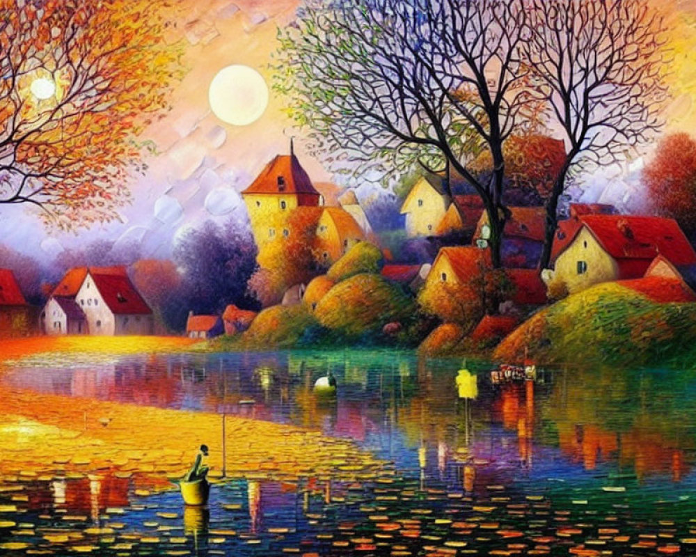 Colorful painting: Tranquil village by reflective lake with lone fisherman, autumn tree, whimsical