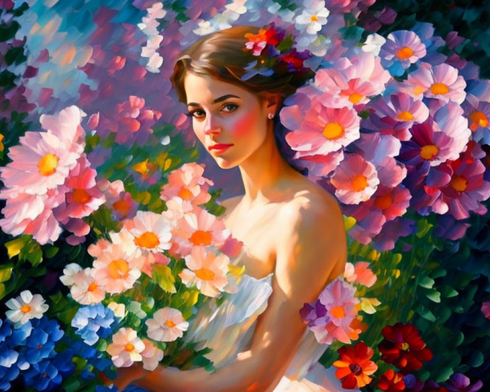 Serene woman surrounded by vibrant flowers in dreamy painting