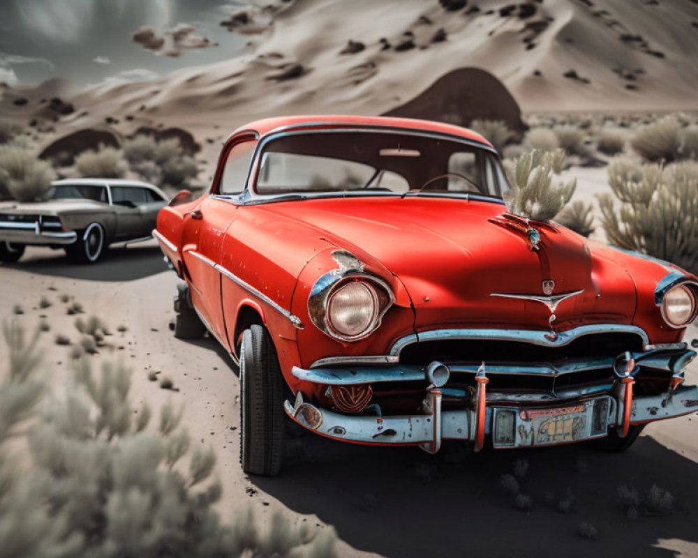 Abandoned vintage red car in desert with chrome bumper and sand dunes in background