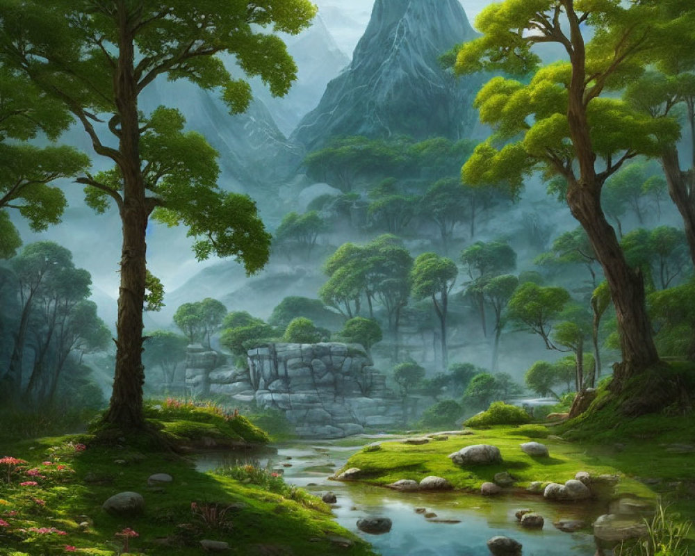 Tranquil Fantasy Forest with Stream, Flowers, and Mountain