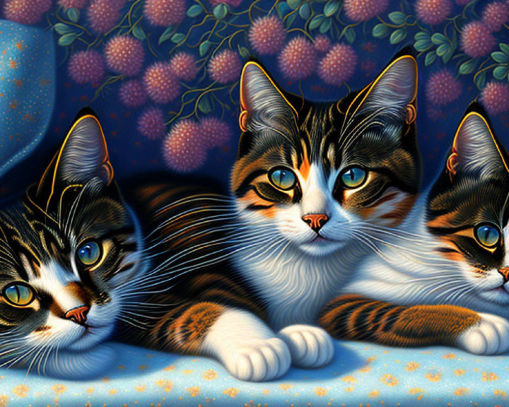 Three Vibrantly Colored Cats Resting on Blue Fabric and Floral Wallpaper