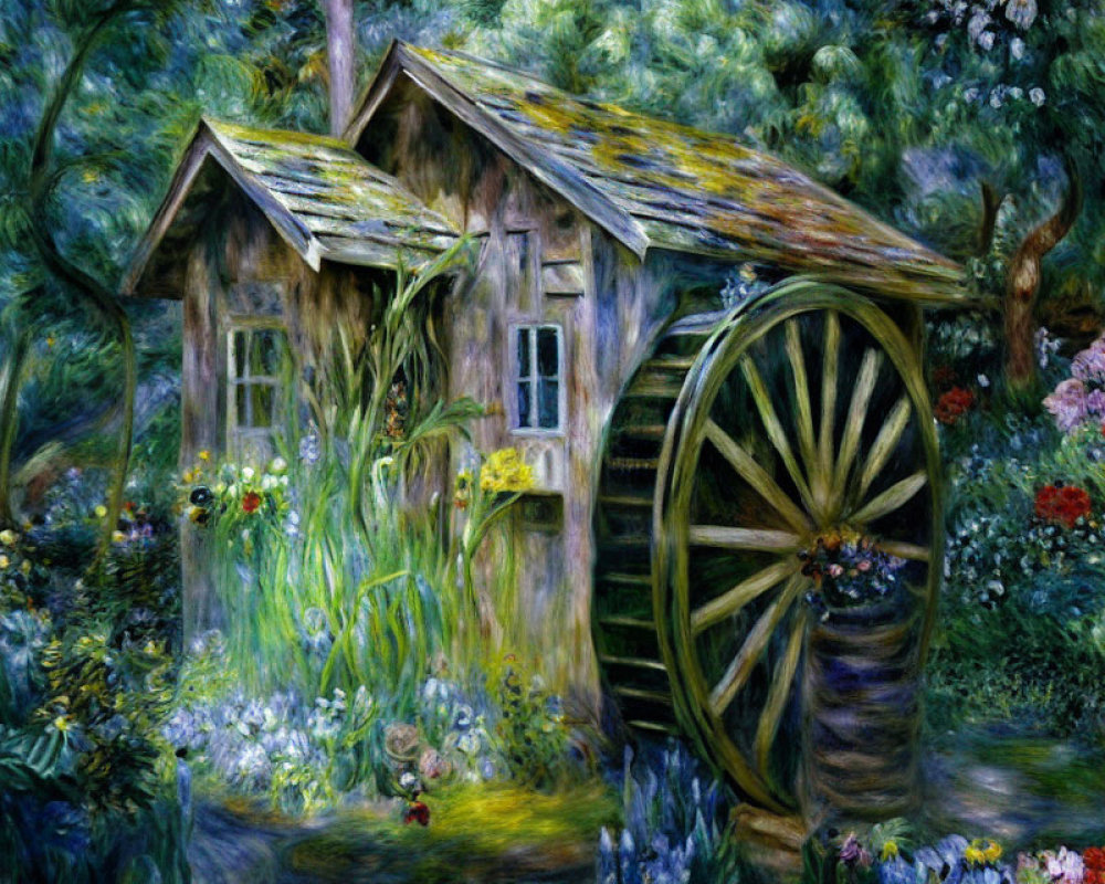 Scenic painting of old watermill in lush forest