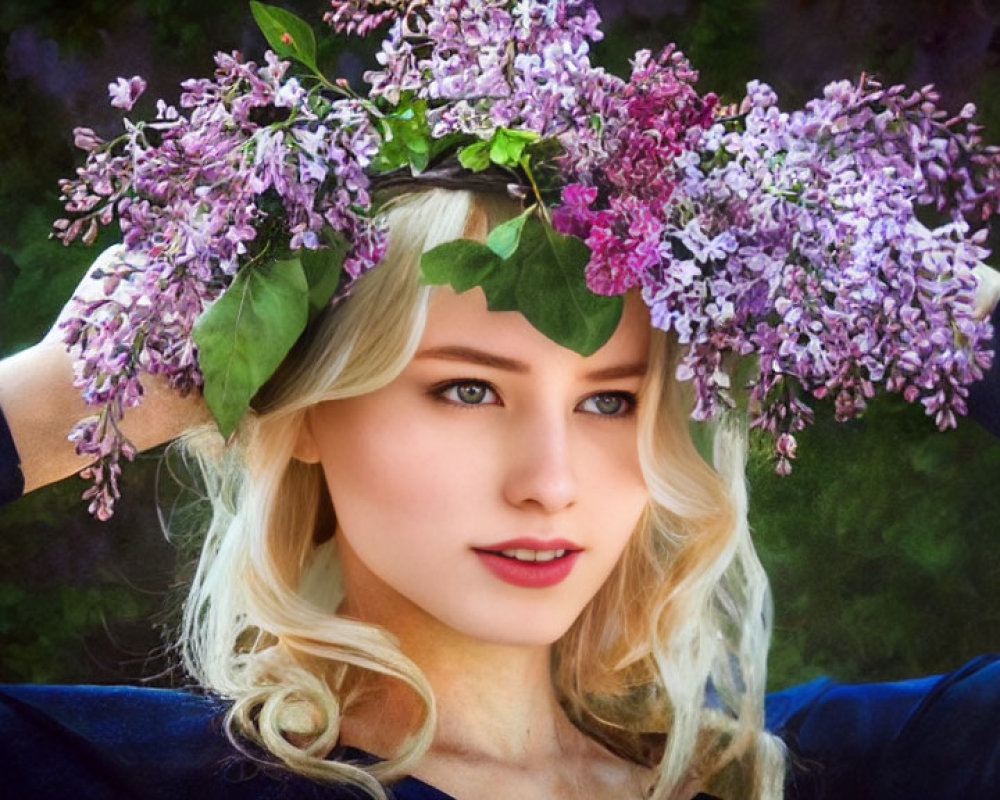 Blonde woman with lilac wreath and blue dress in green setting