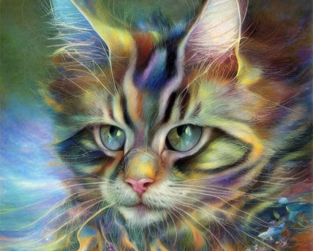 Vibrant cat illustration with green eyes and multicolored fur