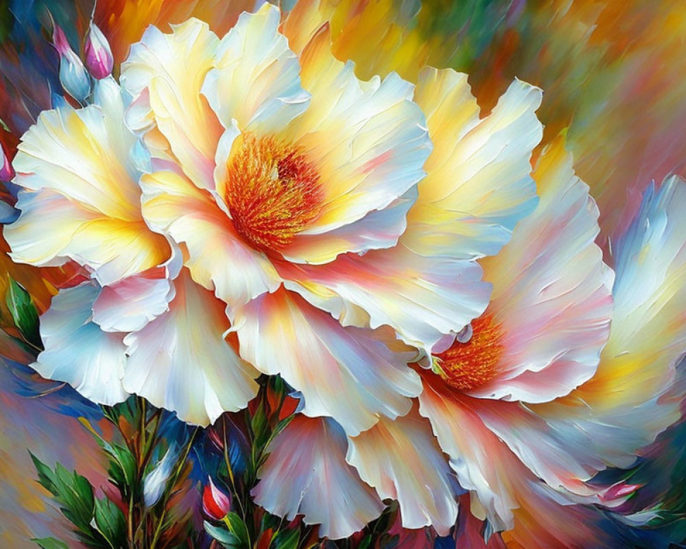 Colorful painting of white flowers with yellow centers on vibrant background