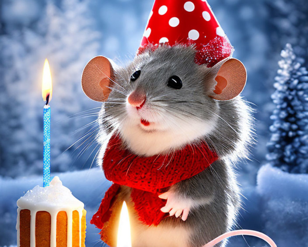 Animated mouse in red scarf and party hat by lit candle on snowy background