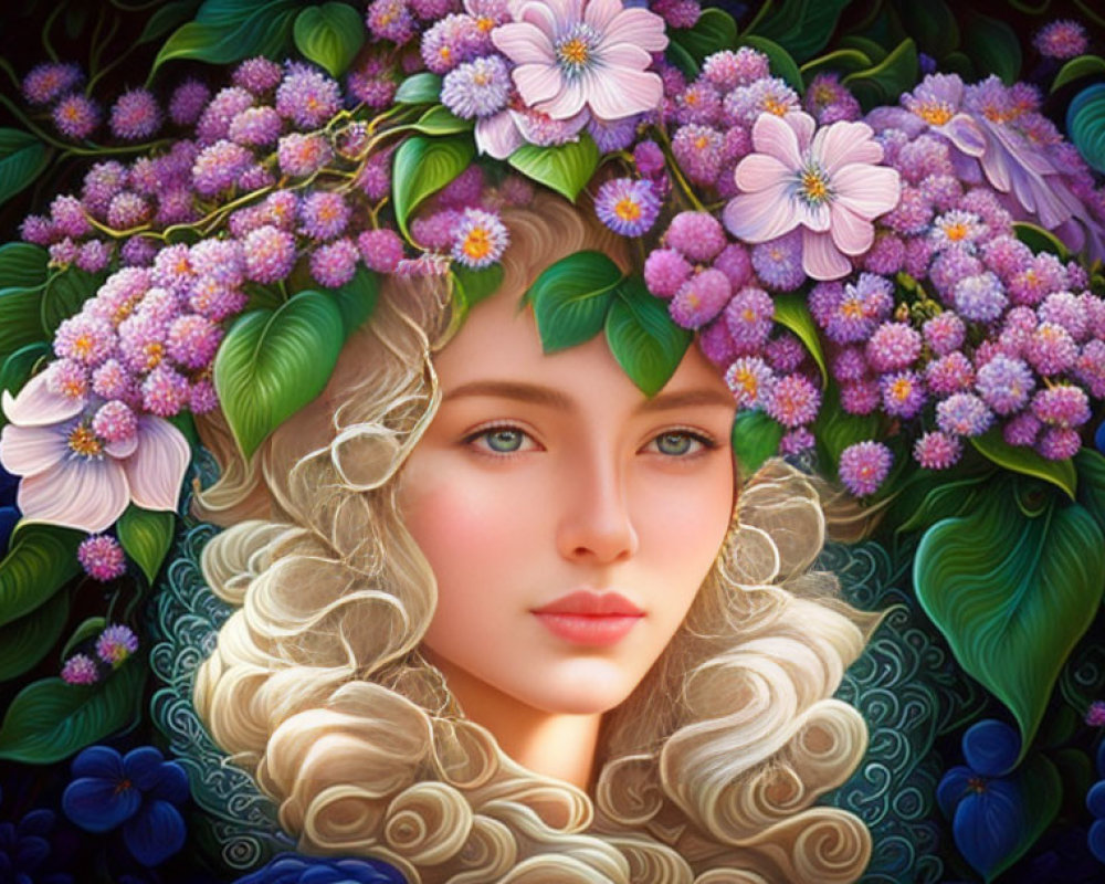 Blond Woman with Flower Wreath on Dark Background