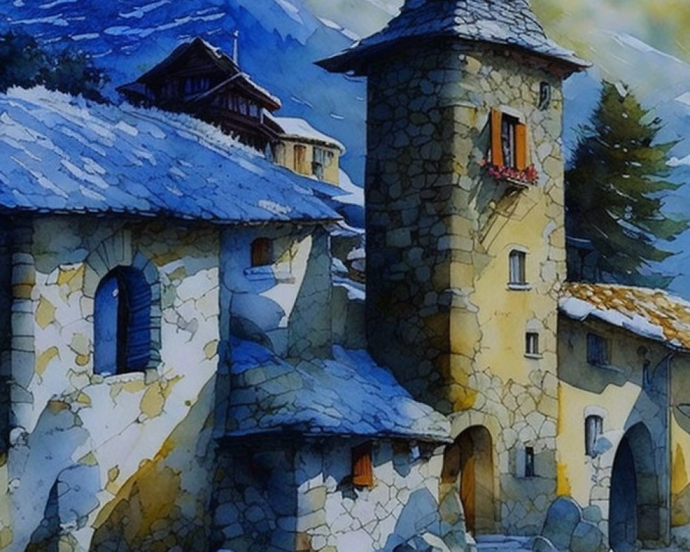 Snowy Mountains Watercolor Painting with Stone Tower and Houses