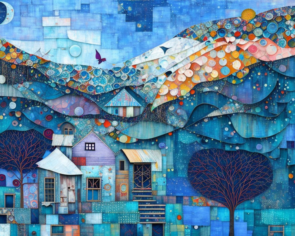 Colorful Abstract Artwork with Whimsical Houses and Trees in Blue Hues