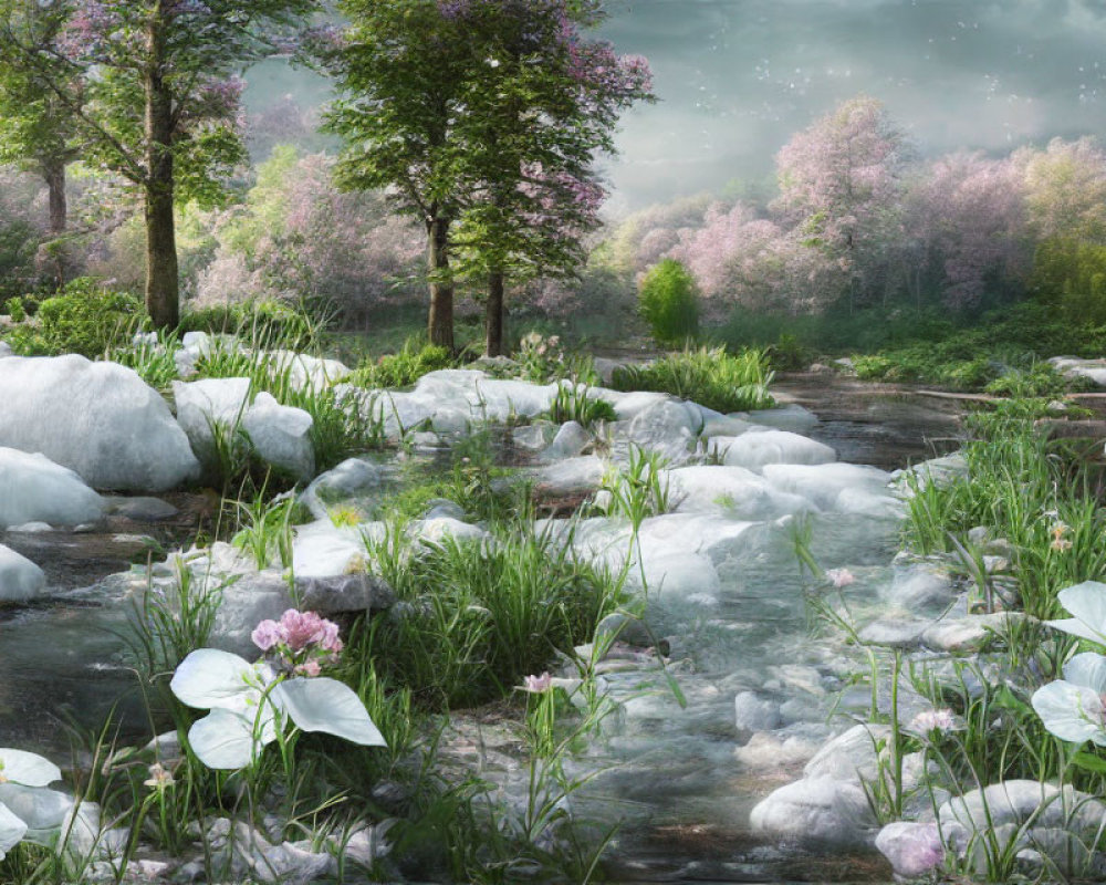 Tranquil creek in lush forest with pink trees and white flowers