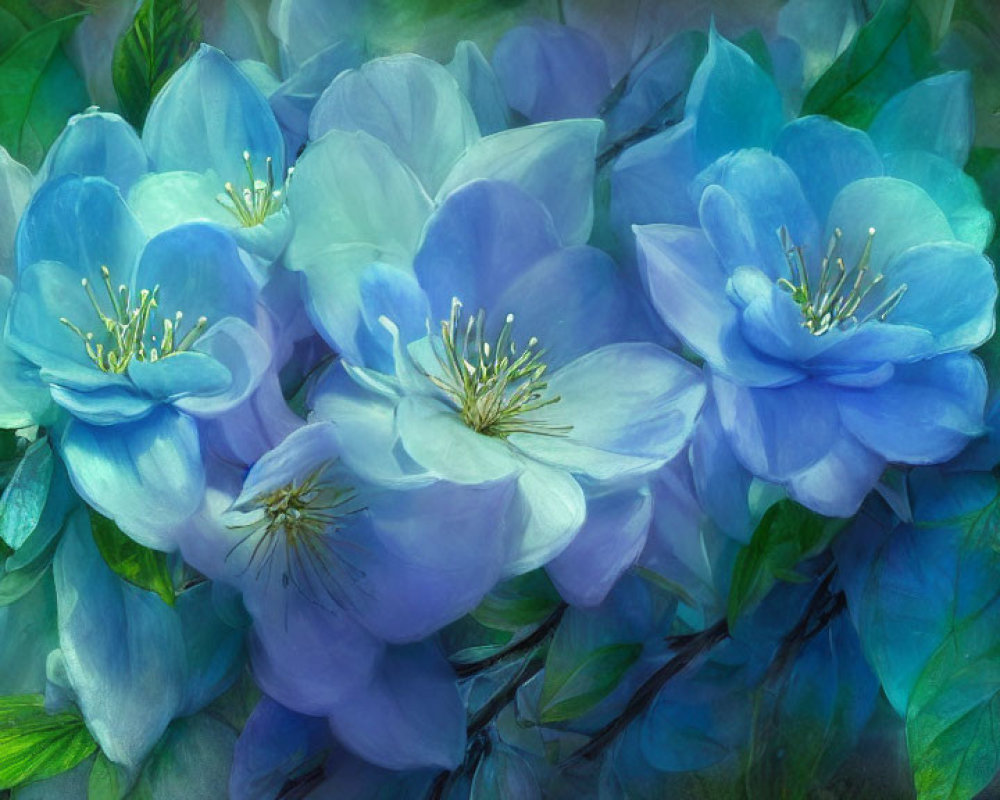 Blue Flowers Cluster with Prominent Stamens and Green Leaves