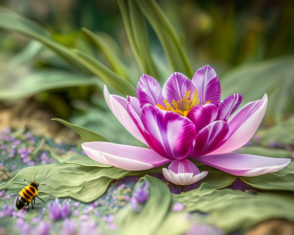 Detailed Pink Lotus Flower with Yellow Center and Bee Approaching