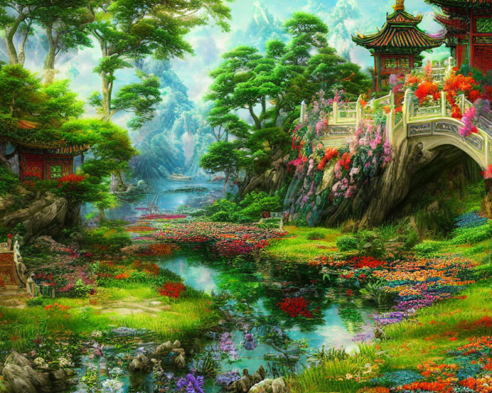 Fantasy landscape with pagodas, stone bridge, river, cliffs, and waterfalls