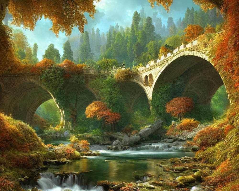 Tranquil autumn landscape with stone bridge and colorful trees