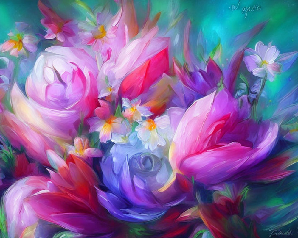 Colorful Impressionistic Painting of Flowers on Textured Background