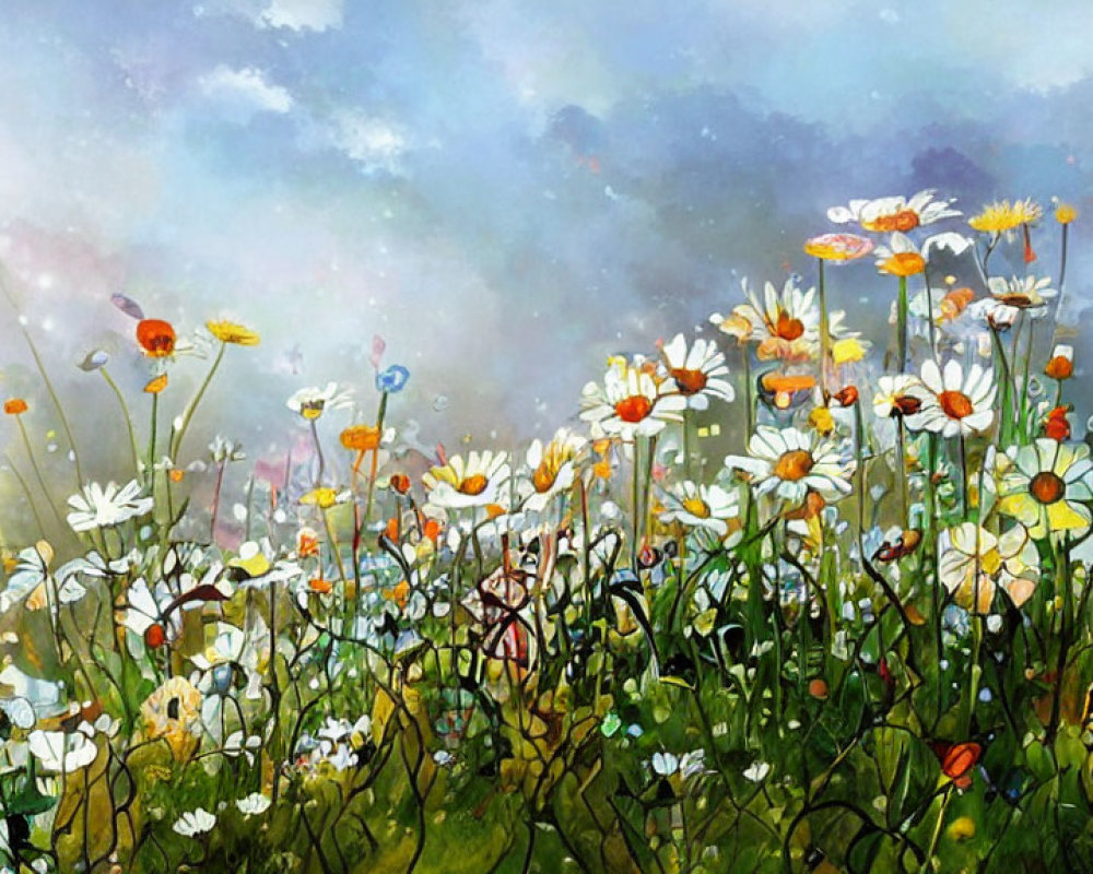 Colorful Wildflower Meadow Painting with Daisies and Clouded Sky