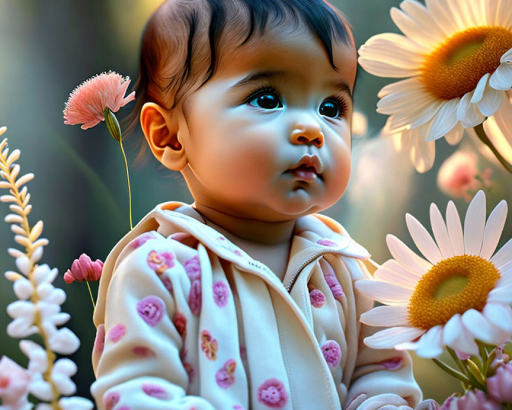 Toddler in Floral Outfit Surrounded by Nature and Daisies