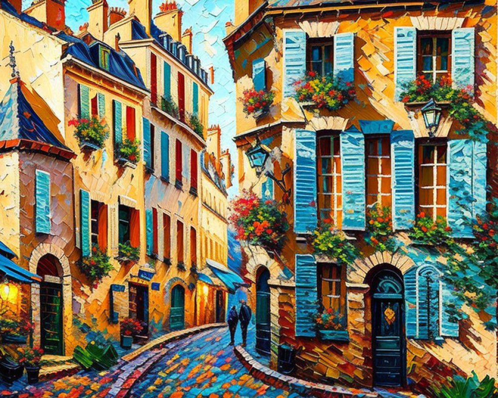 Vibrant Impressionist Painting: European Street with Cobblestones & Blooming Flowers