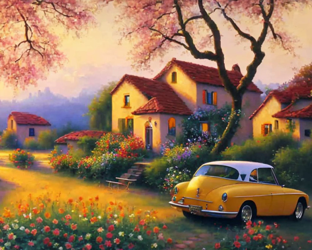 Sunset village scene with pink trees, yellow car, flowerbeds, and lit cottages