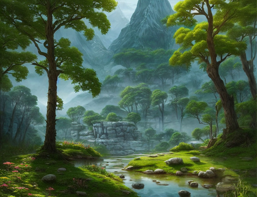 Tranquil Fantasy Forest with Stream, Flowers, and Mountain