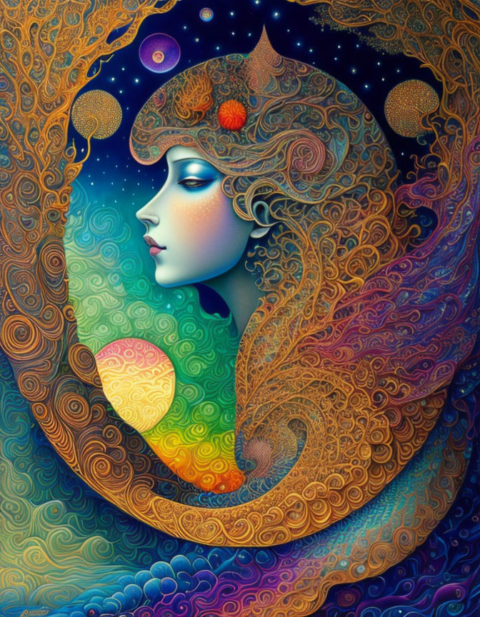 Vibrant cosmic-themed woman profile with swirling patterns.