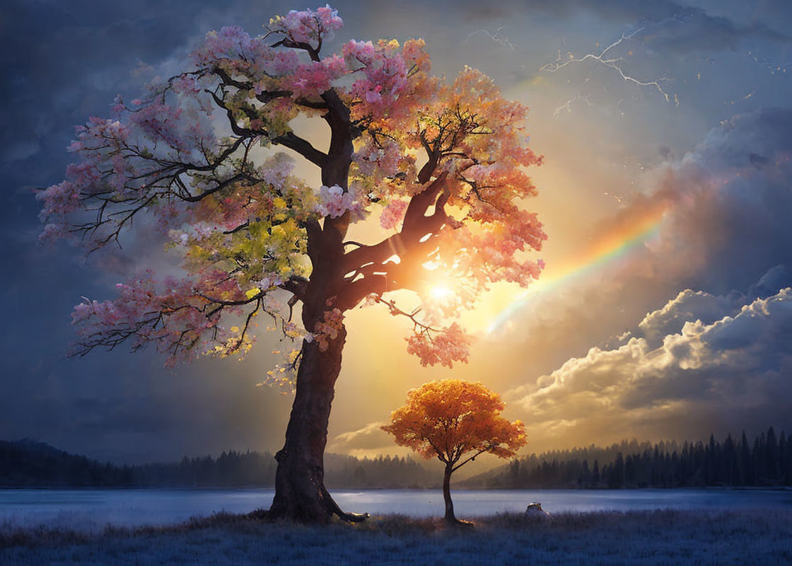 Majestic cherry blossom tree by a lake under dramatic sky with rainbow and glowing smaller tree