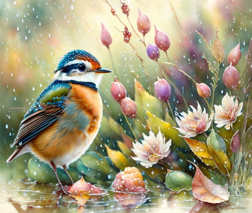 Colorful Bird Surrounded by Flowers and Berries in Gentle Rain