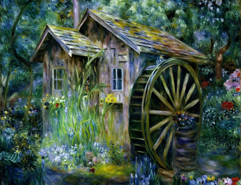 Scenic painting of old watermill in lush forest