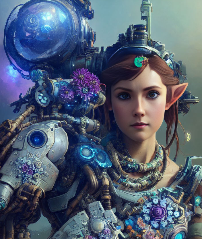 Fantasy elf woman with mechanical body and flowers in futuristic setting