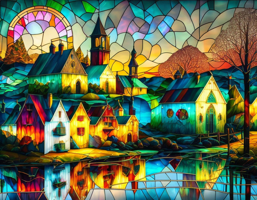 Colorful stained glass-style village illustration with houses, church, trees, and river