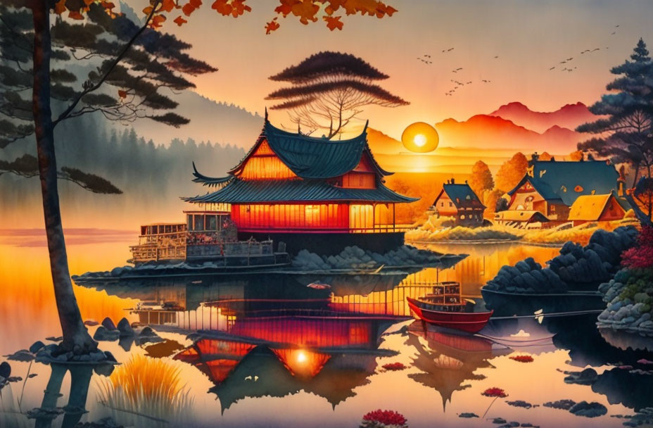 Asian-style building reflected in water at sunset with boats, mountains, and autumn foliage