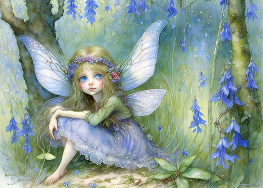 Delicate fairy with translucent wings in enchanted forest among blue flowers