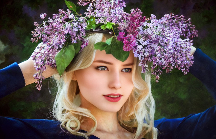 Blonde woman with lilac wreath and blue dress in green setting