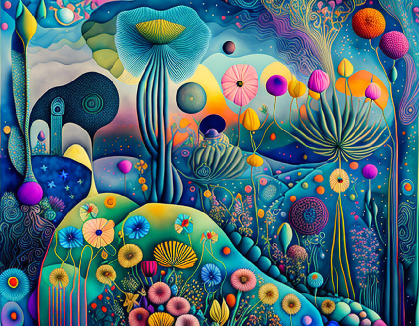 Colorful surreal landscape: stylized flora and fauna, psychedelic colors, patterns, abstract shapes blending fantasy