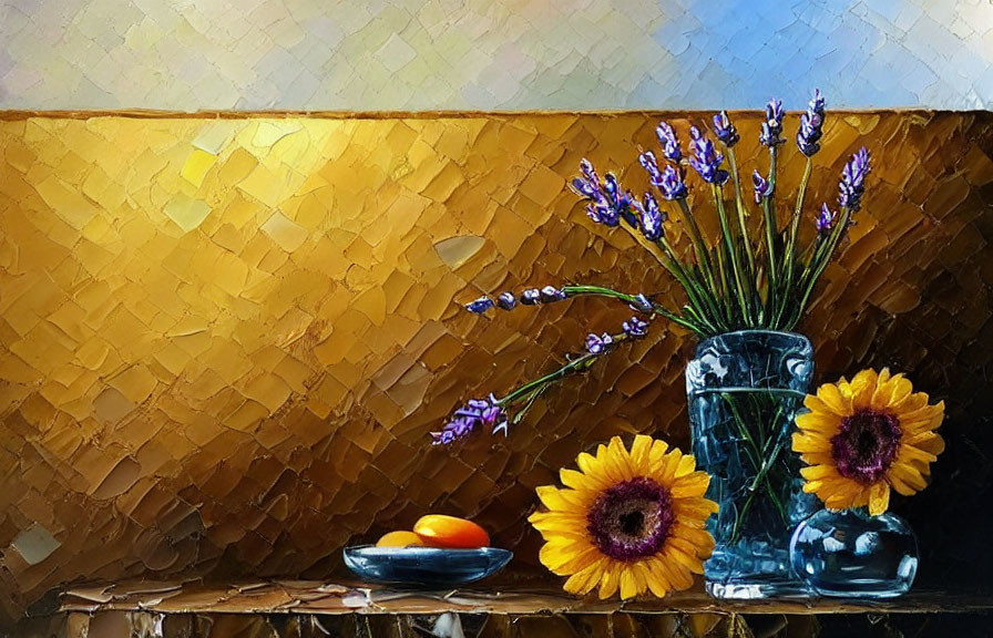 Yellow Flowers in Vase with Lavender Stems and Apricots on Golden Background