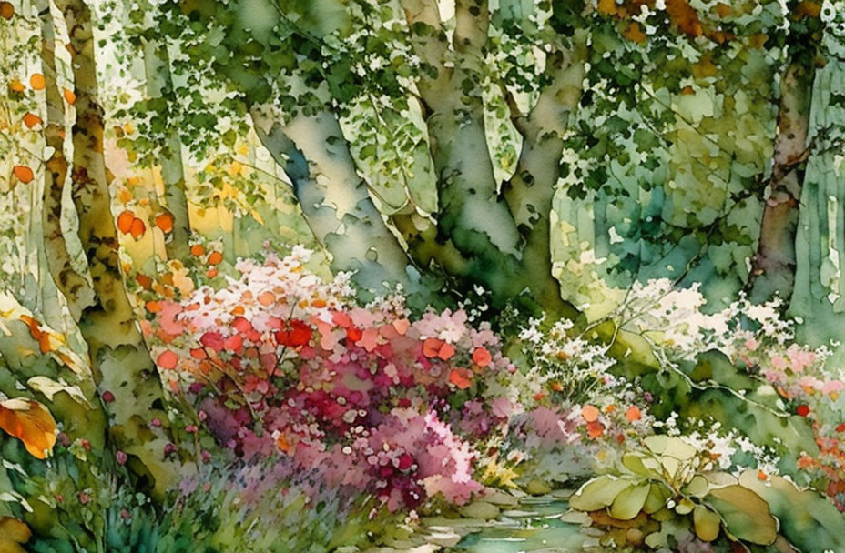 Lush Forest Scene with Blooming Flowers and Sunlight